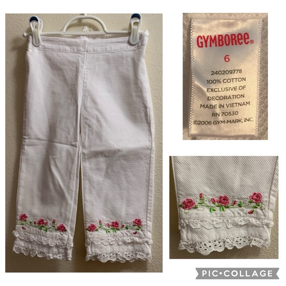Vintage Gymboree Parisian Rose Embroidered Lace Cropped Pants Pink White Size 6